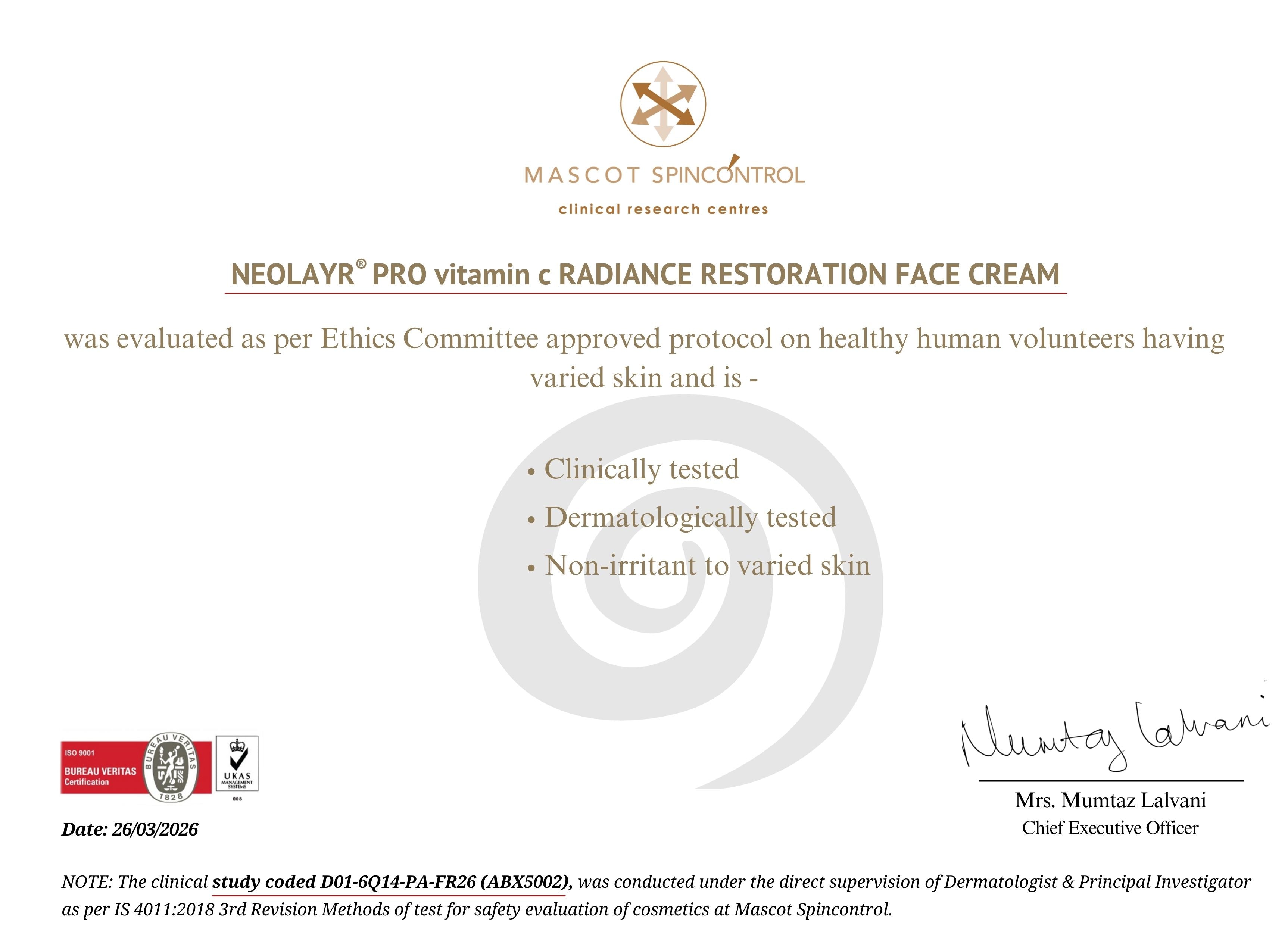 Neolayer Pro vitamin C radiance restoration face cream evaluation document with Mascot SpinControl branding.